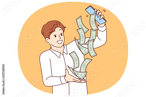 Business man earns money through mobile phone, and receives cash bills pouring out of smartphone screen. Guy makes money from e-commerce and completing simple tasks in internet application