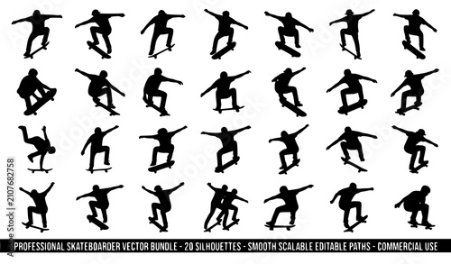 Fotografija Professional Skateboarder Air Trick Silhouette Bundle Vector Illustration