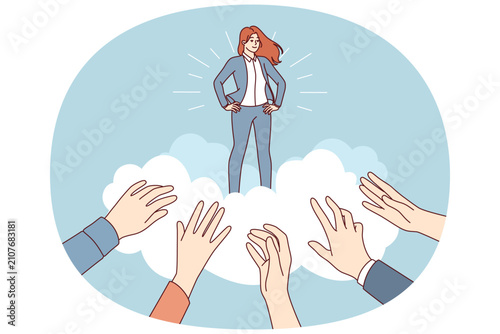 Business woman idol for fans stands among clouds and hands of people who want to receive advice from guru. Successful businesswoman is treated like idol due to professionalism and unique skills