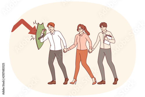 Business guide guides colleagues, saving them from danger and fending off crises with shield. Man business guide and mentor saves mentees from problems and economic recession that can destroy careers