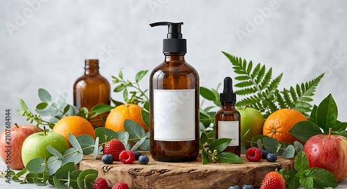 Natural Skincare Cosmetic Pump Bottles with Citrus and Green Leaves on Marble Background