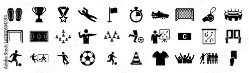 Obraz na płótnie Set of black soccer and football icons including goalie, trophy, medal, flag, st