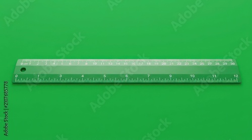 Transparent green plastic ruler on solid green background