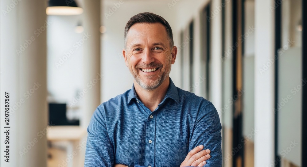Fototapeta premium Professional portrait of a smiling middleaged businessman with short hair and a beard, wearing a blue buttondown shirt, standing in a modern office