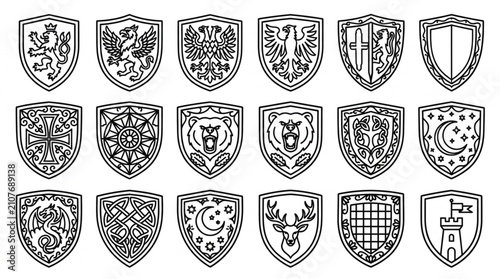 Bilde på lerret Collection of ornate heraldic shield designs in black and white.