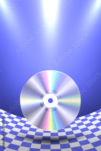 Retro Y2K aesthetic compact disc CD DVD vector illustration background template with blue checkerboard floor, spotlight beam, and iridescent holographic spectrum reflection.