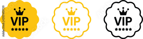 VIP badges icon set featuring premium membership labels, crown, five stars, luxury branding emblems, and exclusive access vector symbols.