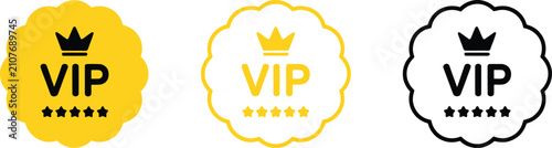 VIP badges icon set featuring premium membership labels, crown, five stars, luxury branding emblems, and exclusive access vector symbols.