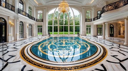Opulent Grand Hall Interior with Ornate Marble Floor and Chandelier