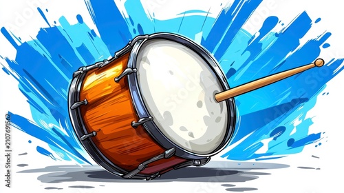 Dynamic Snare Drum with Drumstick Illustration on Abstract Blue Background