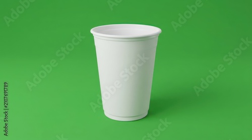 Empty white disposable plastic cup on a green background