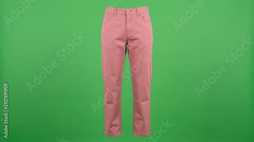 Pair of pink cotton trousers on green background