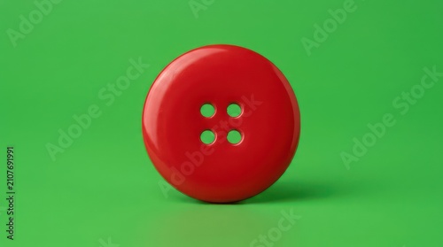 Large red plastic sewing button on green backdrop