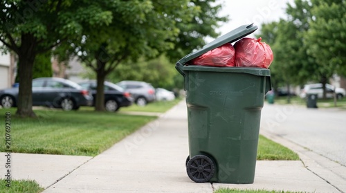 Green garbage bin overflowing with red trash bags on a suburban sidewalk