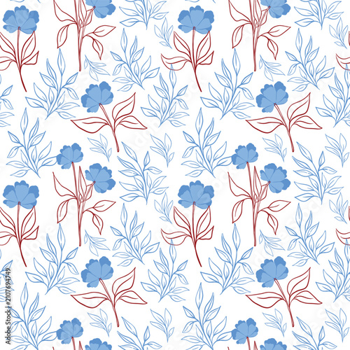 Seamless floral pattern with blue blooms and red line-art stems.