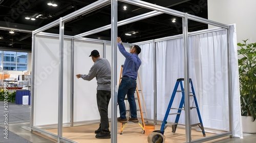 Two workers assembling a modular exhibition booth using aluminum frames and white fabric panels indoors