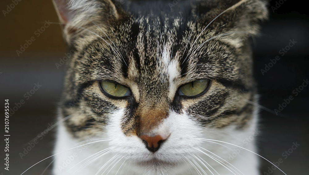 Obraz premium Close-up of cat with intense green eyes and serious expression, AI generated