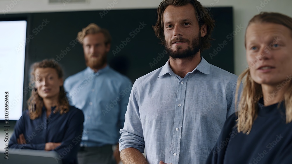 Obraz premium A group of professionals standing together in a modern office setting during a business meeting or presentation