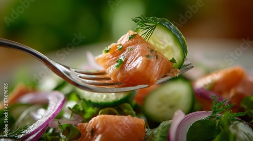 Close-up detail of healthy forkful featuring juicy salmon, crunchy cucumber, onion, and salad leaves presented on green backdrop