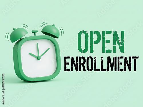 Open enrollment text with green alarm clock