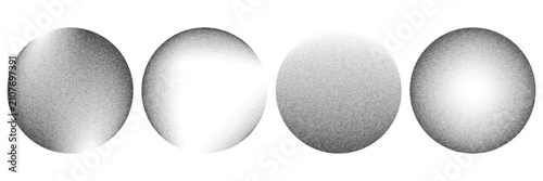Set of grainy stipple circles with soft halftone noise and gradient fade. Abstract round textures for retro designs, shading, overlays, graphic effects and vintage layouts