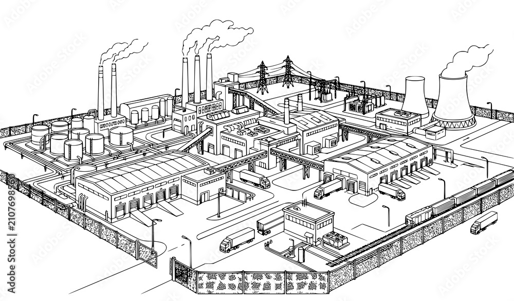 Fototapeta premium Industrial Factory Area Line Drawing Vector Illustration with Manufacturing Buildings Isolated on White Background