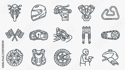 Canvastavla Dynamic Black and White Line Set of Motorcycle Racing and Mechanic Equipment Ico