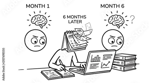 Psychology concept of long term memory loss. Brain fog and forgetfulness illustration.