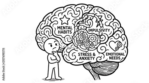 Human brain diagram with mental health concepts. Psychology doodle showing cognitive states.