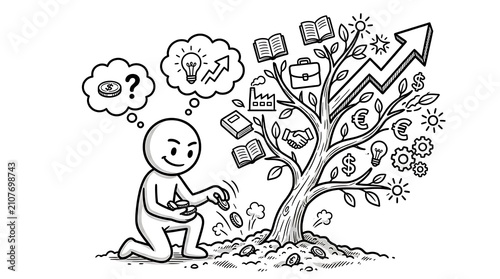 Person planting money tree for financial growth. Investing capital for future business success.