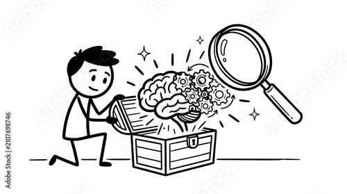 Man opening treasure chest with brain and gears. Concept of finding creative ideas.