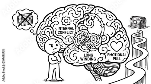 Human brain diagram with internal conflict. Mental health concept showing emotional struggle.