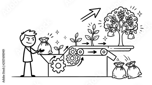 Stick figure growing money tree on conveyor. Business automation and investment concept.