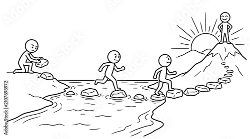 Stick figures crossing river to mountain peak. Concept of success and personal growth.