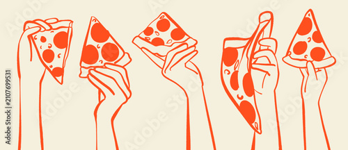 Hands holding pizza slices icon set vector illustration isolated on cream background. Graphic asset for pizzeria menu, fast food promo print, kitchen wall decor, and party flyer.