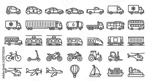 Transportation line icons set, 35 vehicle vector symbols for logistics and travel, minimalist black outline car truck and plane icons