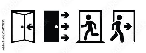 Emergency exit icon set, entry door, walking person and directional arrow symbols, evacuation safety signs, black silhouette vector illustration.