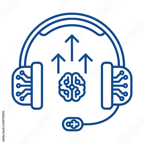 Artificial intelligence headset icon, digital brain with neural network arrows, smart audio technology vector illustration