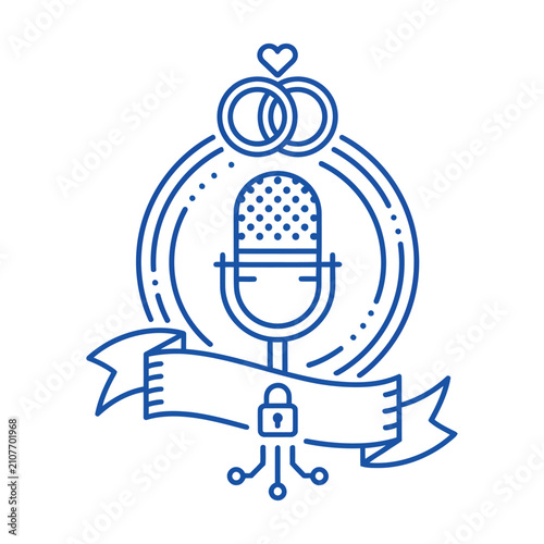 Wedding podcast logo vector, blue line art microphone with marriage rings and heart, romantic radio broadcast icon