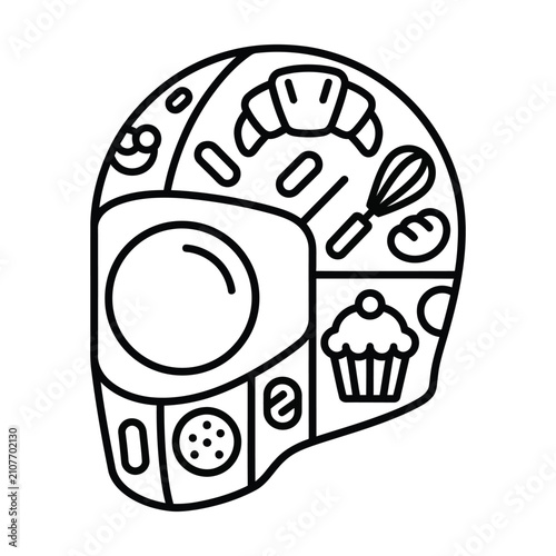 Bakery motorcycle helmet vector, pastry chef delivery icon, line art biker gear with croissant and cupcake illustrations