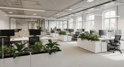 A vibrant open plan workspace features rows of ergonomic chairs and desks equipped with computers while lush green indoor plants provide a refreshing atmosphere for professional staff