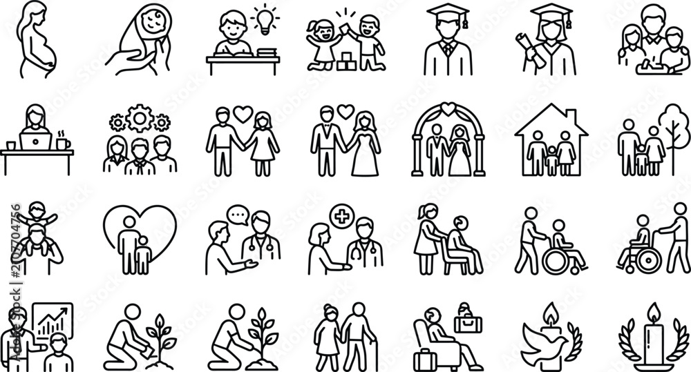 Fototapeta premium Family and Community Life Line Icons Set with Parenting Healthcare Education and Senior Care