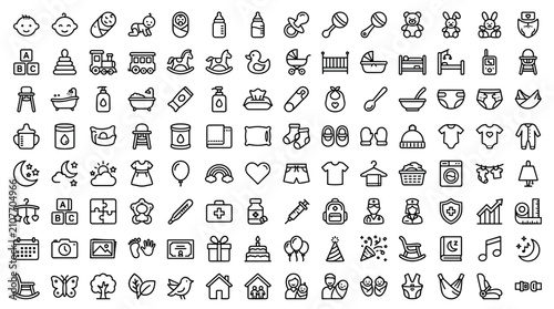 Bild auf Leinwand Baby Care And Childhood Line Icon Collection Featuring Newborn Essentials Parent