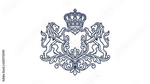 Fotografie Ornate heraldic crest with lions and crown design.
