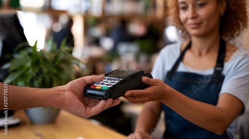 A person uses a card reader to pay for goods at a retail counter while a staff member assists