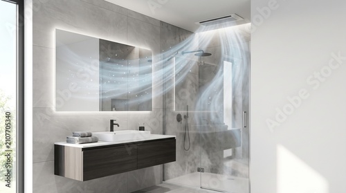 A modern grey tiled bathroom featuring a ceiling mounted ventilation unit with flowing blue air currents extracting steam from the shower area.