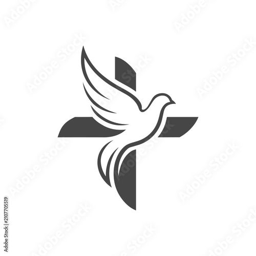 Minimalist logo design featuring a dove flying in front of a cross
