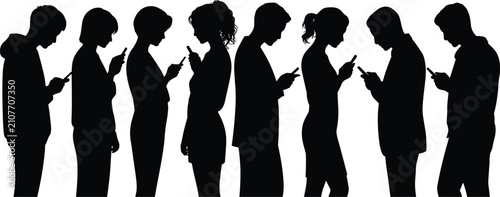 Fotografia Smartphone addiction silhouette people engrossed in mobile devices