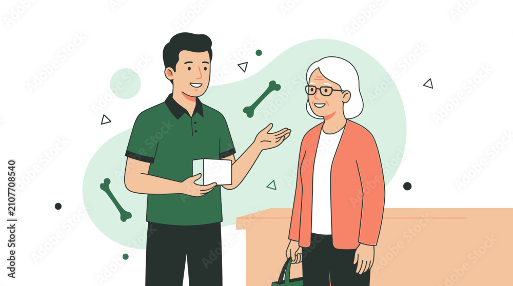 Obraz premium Pharmacist counseling a senior woman about medication, illustrating healthcare, advice, and care in a modern vector style.