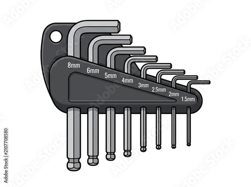 A set of black hex keys or allen wrenches in various sizes, isolated on a transparent background, perfect for repair and maintenance tasks.